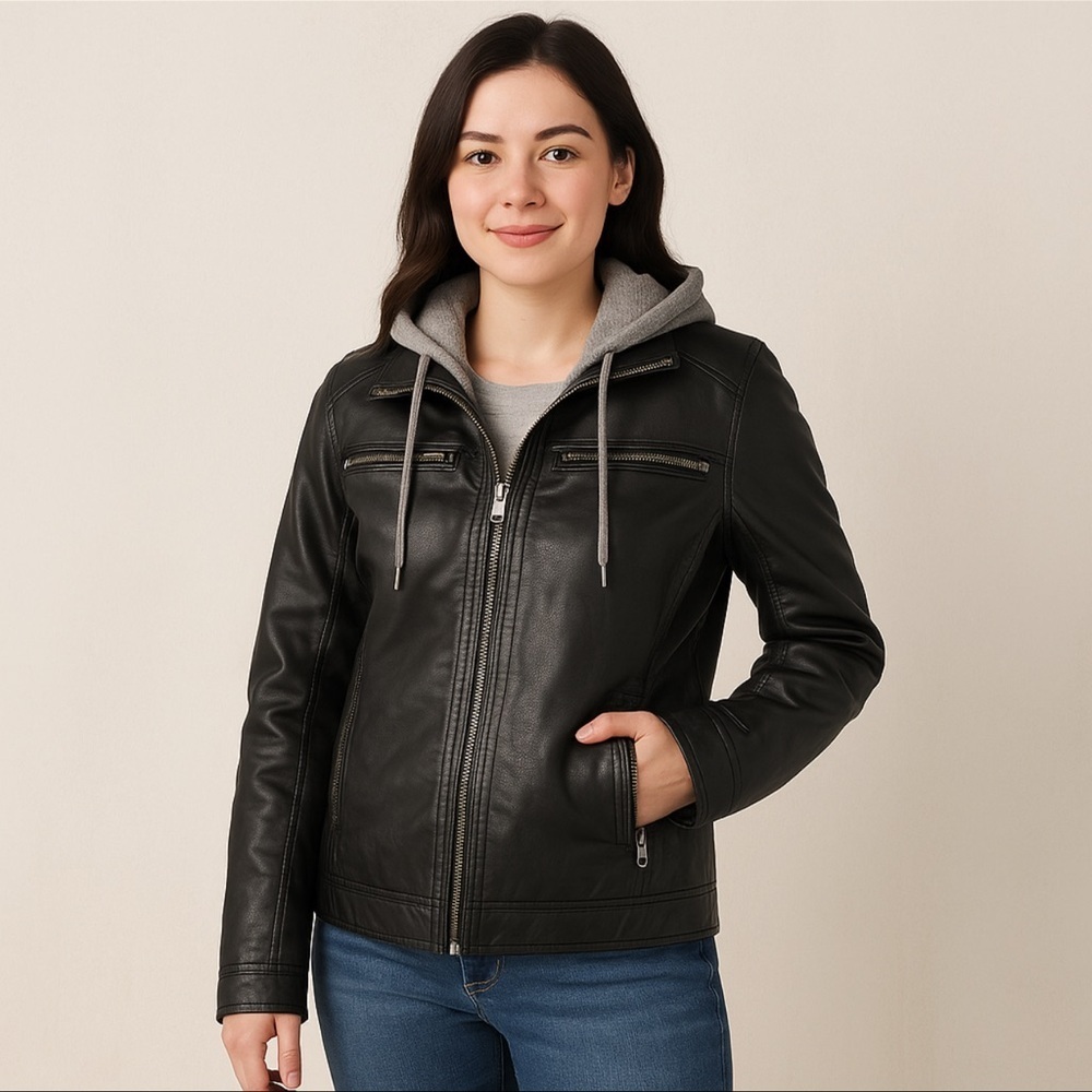 Apt. 9 Faux Leather Jacket with Removable Hoodie Women’s Small Black - Picture 2 of 8